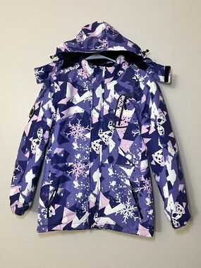 Moerdeng Ski Jacket Womens Purple Snowflake Print Waterproof Detachable Hood